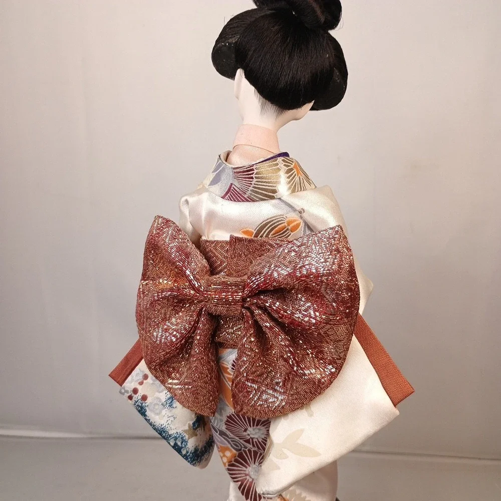 Vintage Japanese Geisha Doll Dancer White Silk Flower Kimono Full Headdress 12